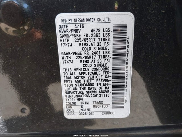 JN8AT2MV2GW131116 Nissan Rogue