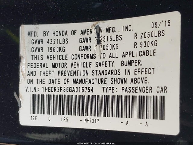 Honda k24w1 2016 1HGCR2F86GA016754 Image 9