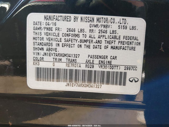 43008783 :رقم المزاد ، JN1EV7ARXGM341327 vin ، 2016 Infiniti Q50 3.0t Premium مزاد بيع