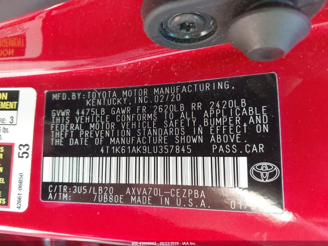 4T1K61AK9LU357845 Toyota a25a-fks