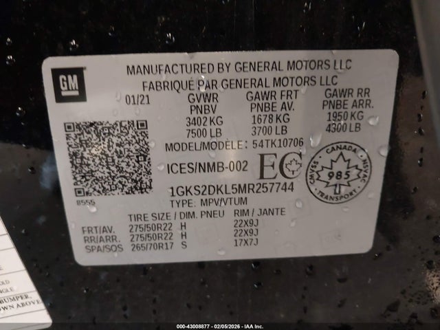 43008877 :رقم المزاد ، 1GKS2DKL5MR257744 vin ، 2021 Gmc Yukon 4wd Denali مزاد بيع
