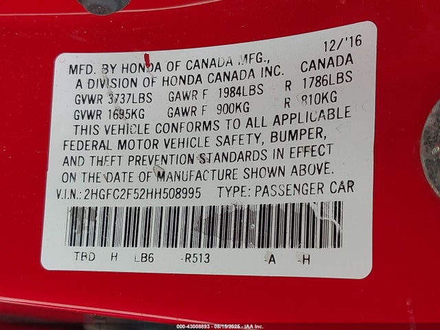 Honda k20c2 2017 2HGFC2F52HH508995 Image 9