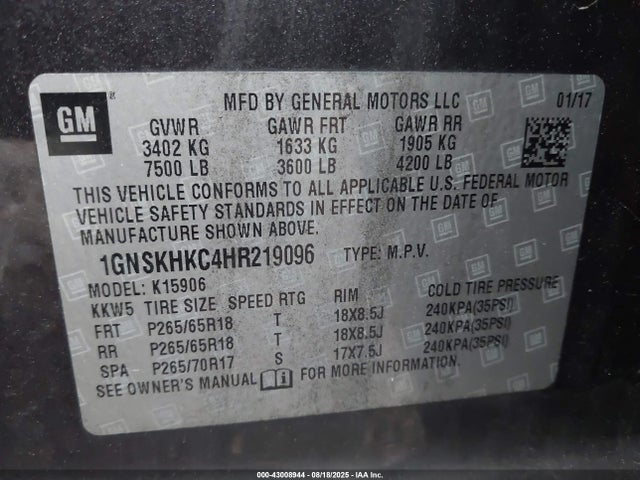 1GNSKHKC4HR219096 Chevrolet l83 - sidi: spark ignited direct injection, vvt: variable valve timing, afm, e85 max, alum