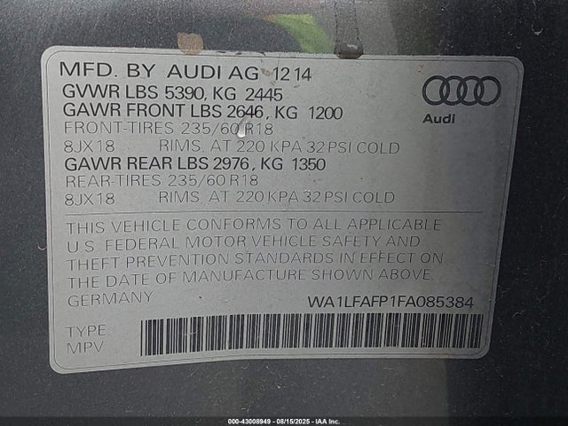 2015 AUDI Q5 WA1LFAFP1FA085384 Photo 8