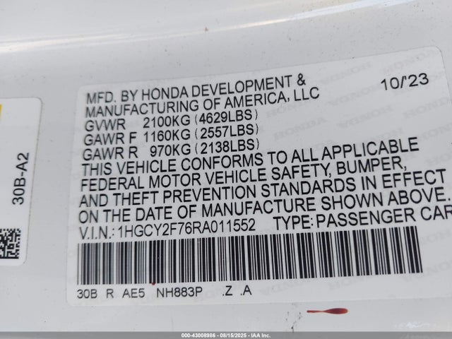 1HGCY2F76RA011552 Honda lfc5