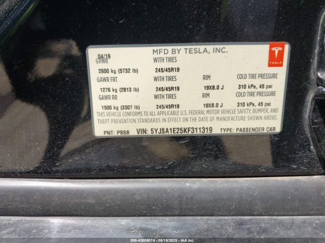 2019 TESLA MODEL S 5YJSA1E25KF311319 Photo 8