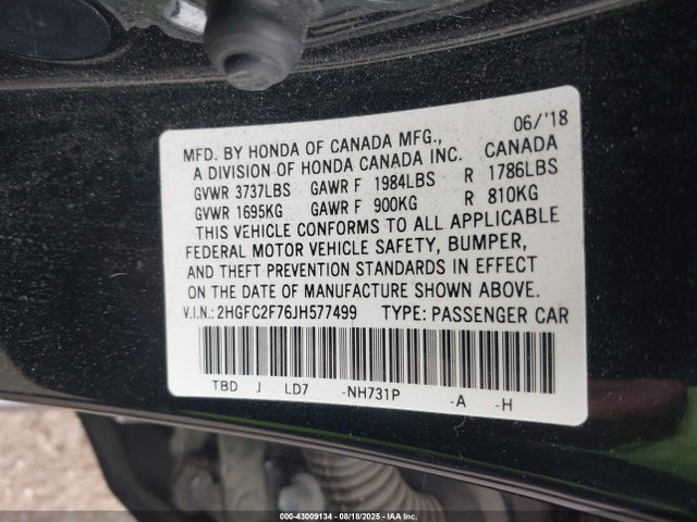 Honda k20c2 2018 2HGFC2F76JH577499 Image 9
