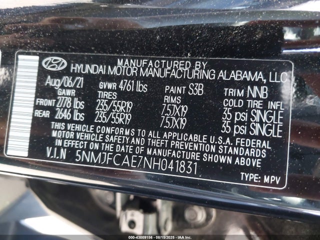 5NMJFCAE7NH041831 Hyundai gdi theta iii