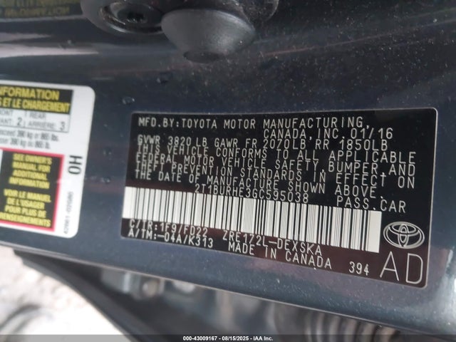 Toyota 2zr-fe 2016 2T1BURHE3GC595038 Image 9