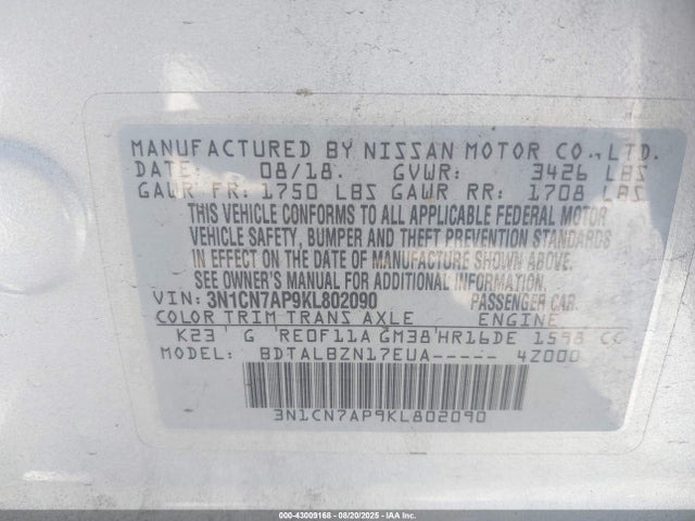 3N1CN7AP9KL802090 Nissan 2019