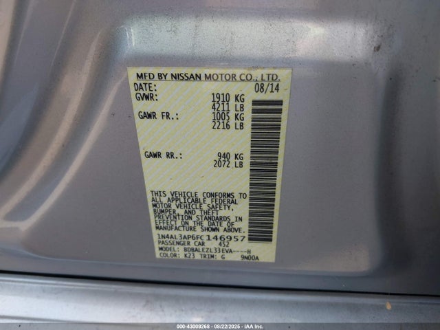 2015 Nissan Altima 2.5 S მანქანა იყიდება აუქციონზე, vin: 1N4AL3AP6FC146957, აუქციონის ნომერი: 43009268