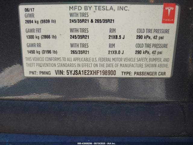 5YJSA1E2XHF198900 Tesla MODEL S