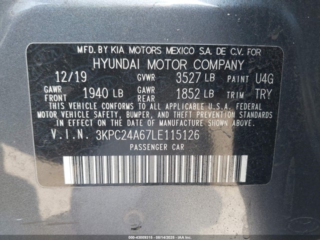 3KPC24A67LE115126 Hyundai 1.6l dohc mpi gamma ii