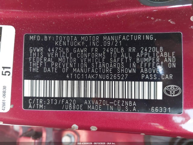 4T1C11AK7NU626527 Toyota a25a-fks