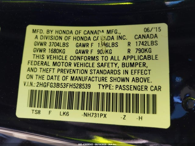 2HGFG3B53FH528539 Honda r18z1