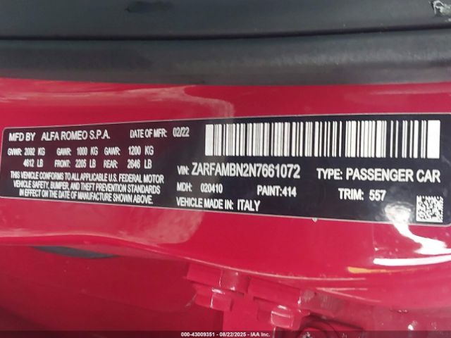 2022 ALFA ROMEO GIULIA ZARFAMBN2N7661072 Photo 8