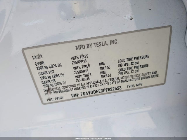 7SAYGDEE3PF622553 Tesla Model Y
