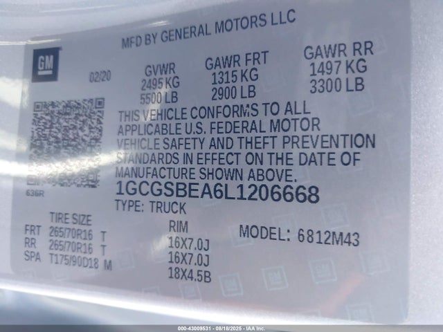 1GCGSBEA6L1206668 Chevrolet lcv - spark ignited direct injection, variable valve timing, dcvcp, e85 max, e0-e100, alum