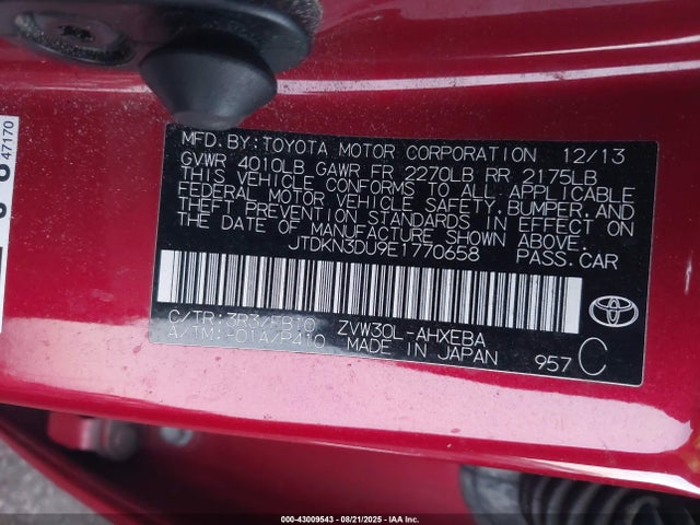 Продаж на аукціоні авто 2014 Toyota Prius Two, vin: JTDKN3DU9E1770658, номер лоту: 43009543