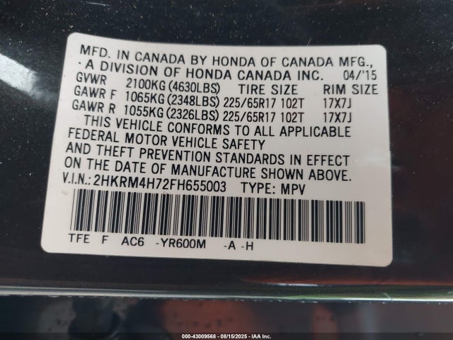 Honda k24w9 2015 2HKRM4H72FH655003 Image 9