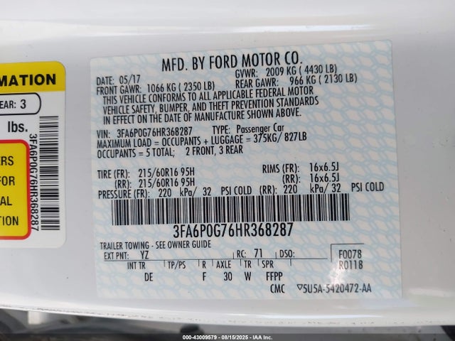 3FA6P0G76HR368287 Ford 2017