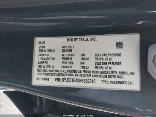 2022 TESLA MODEL 3 5YJ3E1EA0NF330316 Photo 8