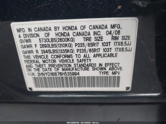 2006 ACURA MDX 2HNYD18876H535994 Photo 8