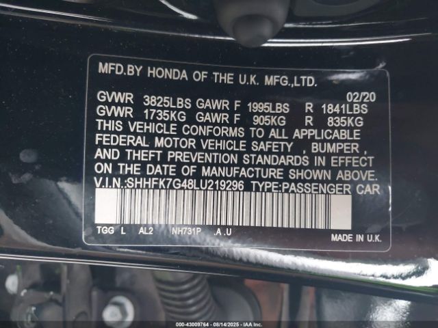 2020 HONDA CIVIC SHHFK7G48LU219296 Photo 8