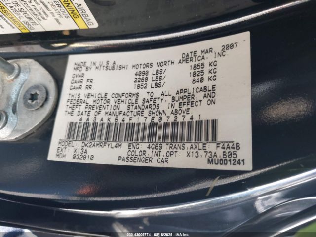 2007 MITSUBISHI ECLIPSE 4A3AK64F17E072741 Photo 8