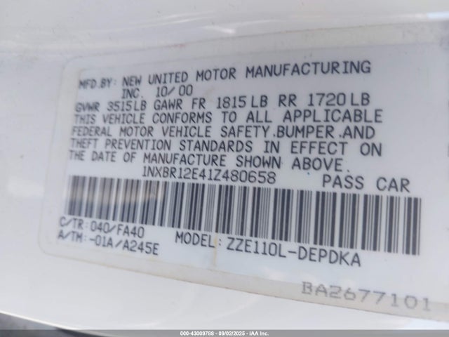 2001 TOYOTA COROLLA 1NXBR12E41Z480658 Photo 8