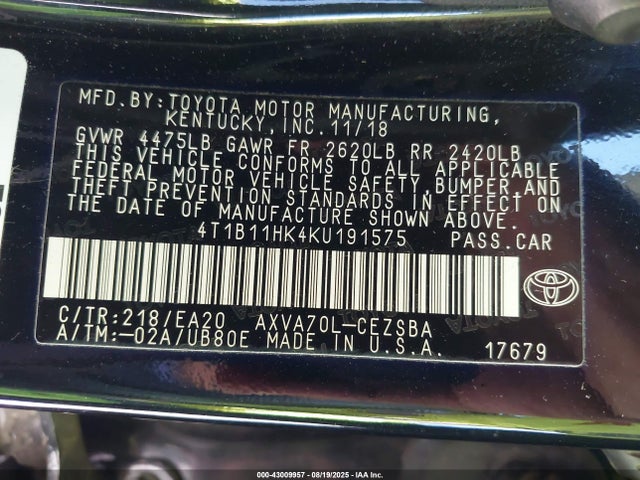 4T1B11HK4KU191575 Toyota a25a-fks