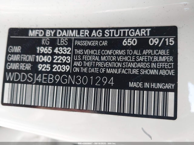Продаж на аукціоні авто 2016 Mercedes-benz Cla 250, vin: WDDSJ4EB9GN301294, номер лоту: 43009987