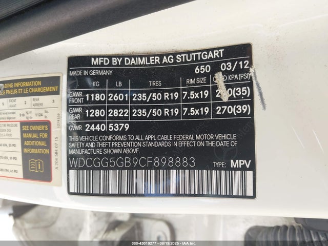 Aukcja sprzedaży 2012 Mercedes-benz Glk 350, vin: WDCGG5GB9CF898883, numer aukcji: 43010277