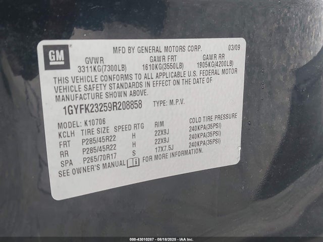 2009 CADILLAC ESCALADE 1GYFK23259R208858 Photo 8