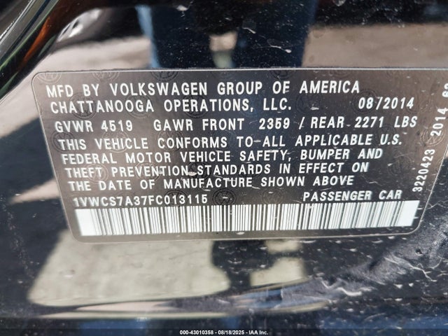 Volkswagen Passat 2015 1VWCS7A37FC013115 Image 9