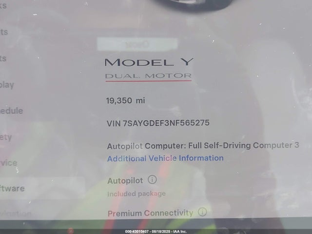 7SAYGDEF3NF565275 Tesla Model Y