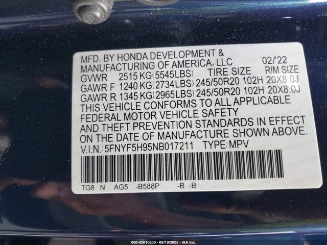 5FNYF5H95NB017211 Honda j35y6