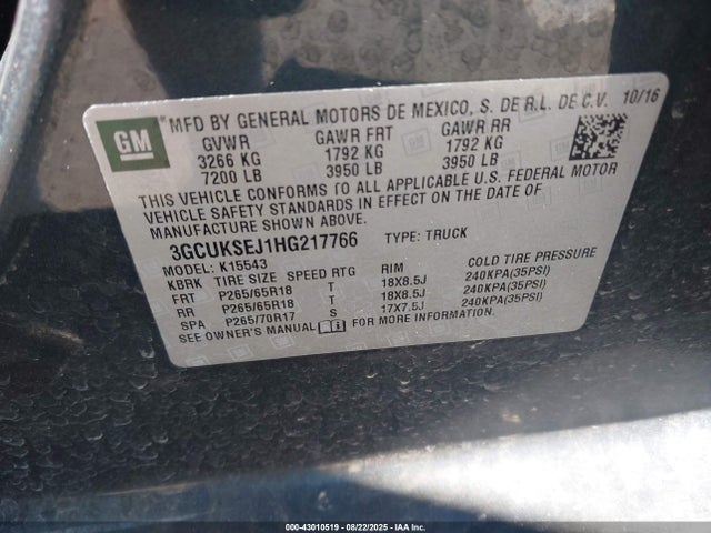 3GCUKSEJ1HG217766 Chevrolet l86 - sidi: spark ignited direct injection, vvt: variable valve timing, afm, e85 max, alum