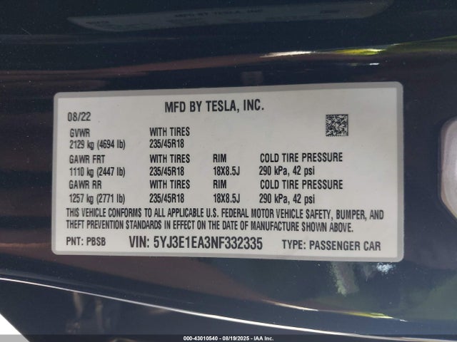 2022 TESLA MODEL 3 5YJ3E1EA3NF332335 Photo 8