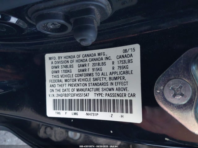 Honda r18z1 2015 2HGFB2F53FH551547 Image 9