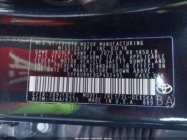 5YFBURHE9GP492495 Toyota 2zr-fe