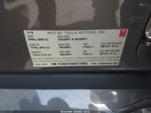 2016 TESLA MODEL S 5YJSA1E2XGF170982 Photo 8