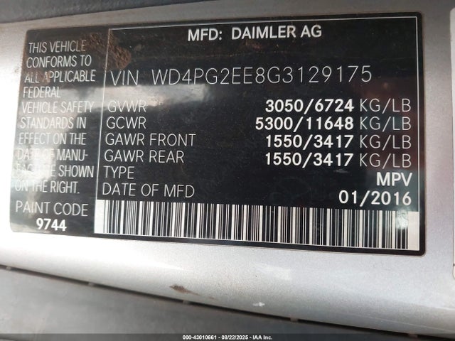 WD4PG2EE8G3129175 Mercedes-Benz 2016