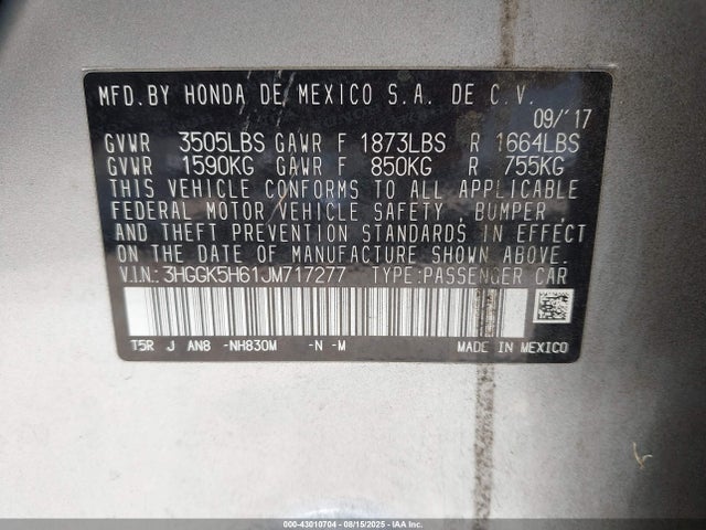 3HGGK5H61JM717277 Honda l15b1