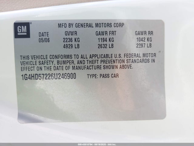 Продаж на аукціоні авто 2006 Buick Lucerne Cxl, vin: 1G4HD57226U246900, номер лоту: 43010794