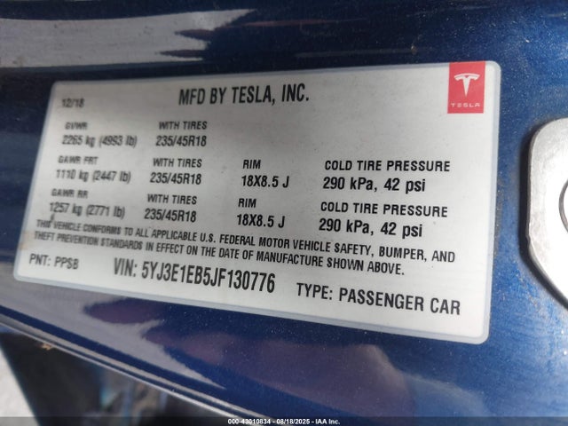 2018 TESLA MODEL 3 5YJ3E1EB5JF130776 Photo 8