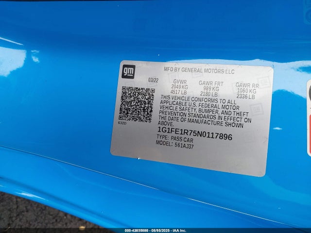 Chevrolet lt1 - direct injection, afm, variable valve timing, high output, alum 2022 1G1FE1R75N0117896 Image 9