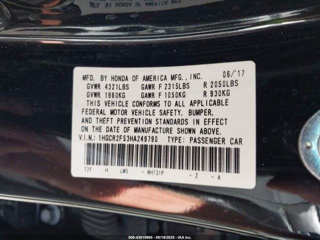 1HGCR2F53HA249790 Honda k24w1