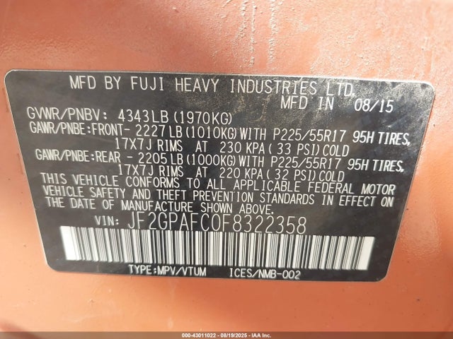 JF2GPAFC0F8322358 Subaru 2.0l naturally aapirated