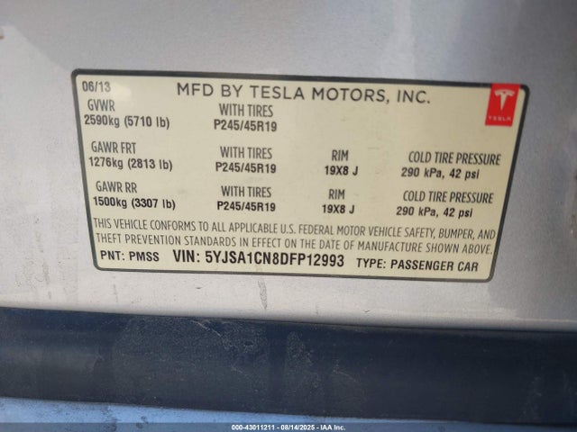 2013 TESLA MODEL S 5YJSA1CN8DFP12993 Photo 8